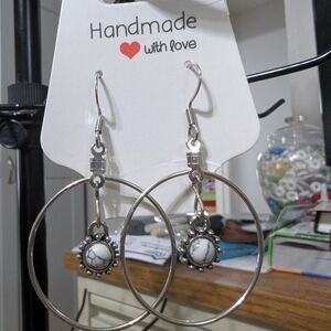 Silver Hoop Earrings with White Turquoise Accents